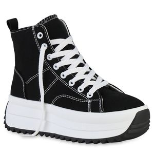 VAN HILL Damen Plateau Sneaker Schnürer Profil-Sohle Stoff Schuhe 841134, Farbe: Schwarz, Größe: 36