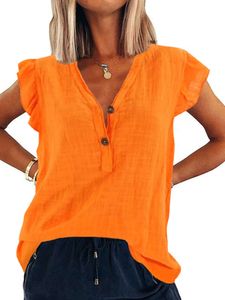 Damen Knöpfe T-Shirts Lose Ärmellose V-Ausschnitt Top Oversized Sommer Baumwolle Oberteile Orange,Größe L
