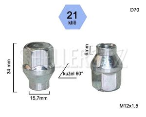 Kolová matice M12x1,5 kužel s krčkem 15,7 zavřená, klíč 21, D70, výška 34, délka krčku 6