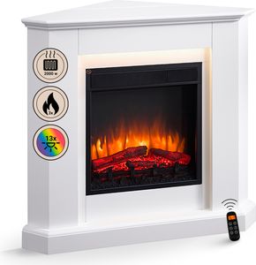 BALDERIA Elektrokamin Candela | Elektrischer Eckkamin, 3D-Flammeneffekt, dimmbar, LED-Ambientebeleuchtung, Heizung 2000W, Timer, Thermostat | Weiss