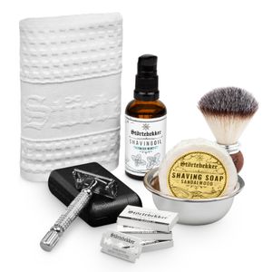Störtebekker Rasurpflege Set Premium - Rasierhobel (Silber) & Leder-Etui (Schwarz), Rasierpinsel, Rasierschale, Rasiertuch, Rasieröl & Rasierseife