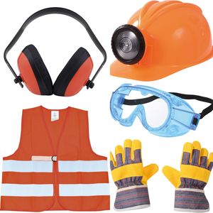 EDUPLAY Kinder Bauhelm, Warnweste, Schutzbrille, Gehörschutz & Handschuhe, mehrfarbig, 6-teilig (1 Set)