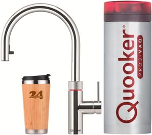 Kuchynská batéria QUOOKER "QUOOKER Flex VAQ PRO3 výsuvná chrómová a 100°C batéria (3XCHR)" (2-dielna) drezová batéria s funkciou 100°C vriacej vody