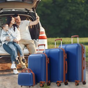 okwish 4dílná sada kufrů, Trolej, Cestovní set S&M&L&XL, Cestovní kufr, Rolovací kufr, Pevné kufry, TSA zámek, S teleskopickými rukojeťmi, Antická modrá