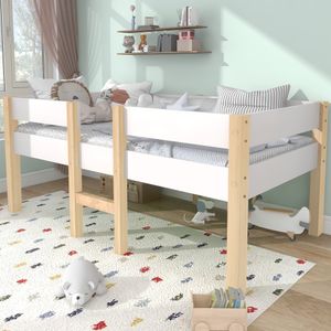 Flieks Kinderbett mit Rausfallschutz und Lattenrost, Kiefernholzbett Hochbett 90x200 cm Weiß