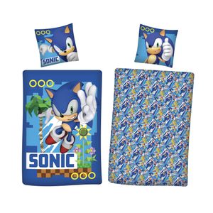 Sonic Bettwäsche für Kinder und Jugendliche 135x200 80x80 cm blaues Gaming-Motiv mit Sonic aus 100% Baumwolle mit Reißverschluss