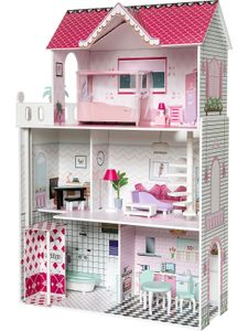 myToys ORIGINALS Puppenhaus mit 13 Möbeln, pink, 5 Zimmer und Treppe, manuell betriebener Aufzug und Balkon, mit 13 verschiedenen Möbeln zum Einrichten, große Puppenvilla