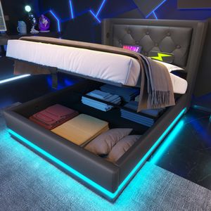 Flieks čalúnená posteľ 90x200cm s USB a Type-C, jednolôžková posteľ pre mladých s LED, hydraulická úložná posteľ box spring s lamelovým rámom, PU, čierna