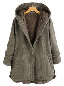 Frauen Plus Größe Samt Lange Ärmel Plaid Hooded Winter Vintage Asymmetrische Knopf Jacke