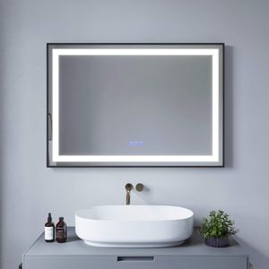 Badezimmerspiegel mit Beleuchtung Badspiegel 100x70cm Touch-Schalter Dimmbar Rechteckig 3 Lichtfarben Anti-Beschlag und Memory-Funktion Rahmen Schwarz IP 44 Energiesparend