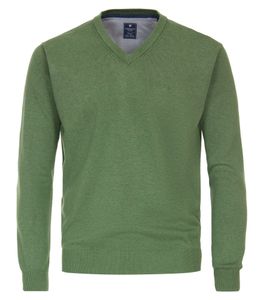 REDMOND Casual Herren Pullover Langarm V-Ausschnitt Regular Fit Baumwolle Olivgrün meliert  Größe L