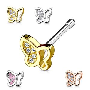 Nasenstecker „Schmetterling“: Nasenpiercing Stecker mit Zirkonia, Farbe:Silber