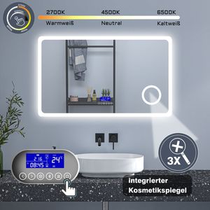 Badspiegel mit Beleuchtung 120×70cm Bluetooth 3×Schminkspiegel 3 Lichfarbe dimmbar Touch Schalter Anti-Beschlag Badezimmerspiegel Spiegel Warm/Neutral/Kaltweiß Energiesparend Lichtspiegel IP46
