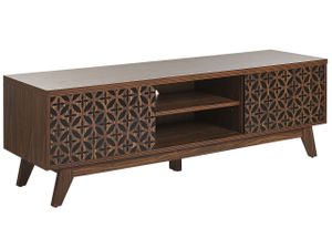 BELIANI TV Möbel Dunkler Holzfarbton MDF Platte 45 x 140 x 40 cm Regal Schrank Retro Elegant Schwarzes Geometrisches Muster Multifunktional Wohnzimmer