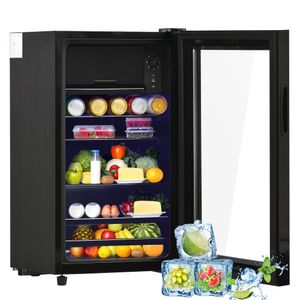 Merax Mini Kühlschrank mit Glastür und LED-Beleuchtung, Flaschenkühlschränke mit Gefrierfach und verstellebare Ablage, Getränkekühlschrank Kühl- und Gefrierfunktion, 76 Leiter/72cm, freistehend