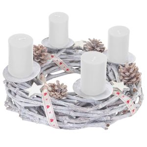 Tischkranz rund, Weihnachtsdeko Adventskranz, Holz Ø 30cm weiß-grau  mit Kerzen, weiß