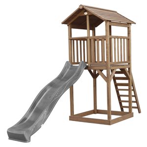 AXI Beach Tower Spielturm aus Holz in Braun | Spielhaus für Kinder mit grauer Rutsche und Sandkasten | Stelzenhaus für den Garten