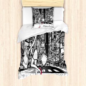 ABAKUHAUS New York Bettbezug Set für Einzelbetten, Lady Passing gedrängte Stadt, Milbensicher Allergiker geeignet mit Kissenbezug, 135 cm x 200 cm - 80 x 80 cm, Dark Pink Koksgraue