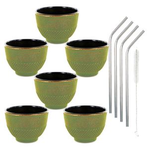6 Tassen aus Gusseisen 15 cl Grün & Bronze + 4 Trinkhalme aus Edelstahl
