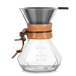 Pour Over Kaffeebereiter mit Edelstahlfilter, Borosilikatglas Kaffeekanne, Holzkragen, Kaffeefilter-Brauer, transparent, 400 ml