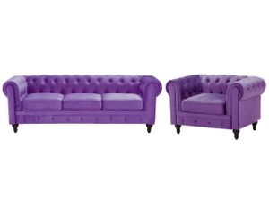 BELIANI Chesterfield súprava do obývačky fialové zamatové čalúnenie nohy z tmavého dreva 3 -miestna pohovka + kreslo moderná