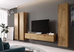 Wohnwand Wohnzimmer - Set Schrankwand VIGO 1F eiche wotan 4tlg mit hängendem TV-Schrank und Hängeschränke 300cm breit