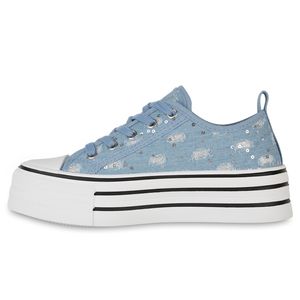 VAN HILL Damen Plateau Sneaker Denim Schnürer Pailletten Glitzer Schuhe 840981, Farbe: Hellblau Denim, Größe: 38