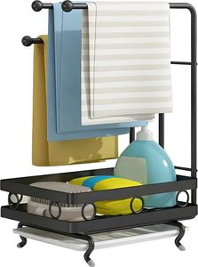 Heikoeco® Spülbecken Organizer, Metall Küchen Organizer,  mit Schwammhalter & 3 Lappenhalter & Abnehmbare Abtropfschale Schwarz, Stehend