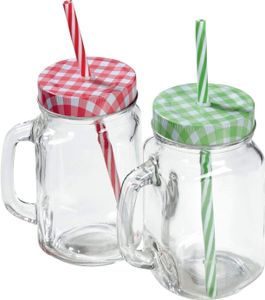 2 Gläser mit Deckel, Griff und Strohhalm, Trinkhalm Einmachgläser