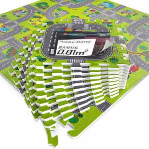 Hop-Sport Puzzlematte für Babys und Kinder – Spielmatte Stadt & Straßen, 9 teilig, 90,5 x 90,5 x 1 cm