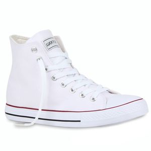 Mytrendshoe Herren Sneakers High Top Schnürer Kult Sportschuhe Freizeit Schuhe 72105, Farbe: Weiß Rotstreifen Lucky, Größe: 45