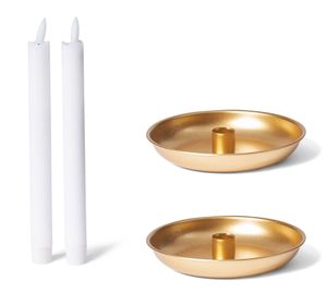 Novaliv 2er-Set Stabkerzenhalter Adventskranz rund Tafelkerzen GOLD mit LED Premium Echtwachs Stabkerze flammenlos elektrisch Weihnachtsdekoration candle holder 15cm Metall Kerzenhalter Kerzenpick