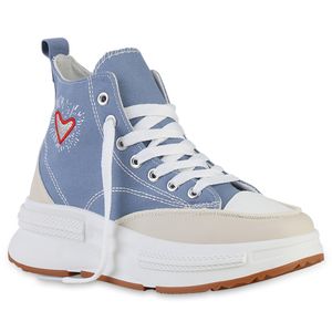VAN HILL Damen Sneaker High Prints Schnürer Glitzer Profil-Sohle Schuhe 840881, Farbe: Hellblau, Größe: 40