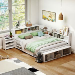 okwish Jugendbett Klassische Betten 140x200cm mit Schubladen, Bücherregal und Stauschrank, Plattformbett Holzbett Bettgestell mit Lattenrost,weiß okwish Jugendbett Klassische Betten 140x200cm mit Schubladen, Bücherregal und Stauschrank, Plattformbett Holzbett Bettgestell mit Lattenrost,weiß