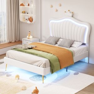 Fortuna-Lai Einzelbett Polsterbet 90 x 200 cm - Doppelbett aus PU-Leder mit LED-Lampen und Lattenrost und Kronenkopf (Frisur) für Teenager - Weiß