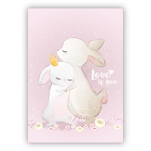 4x Niedliche Liebeskarte mit Häschen Umarmung, rosa nicht nur als Osterkarte für Familie & Freunde: Love is you