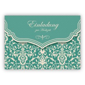 Zauberhafte Einladungskarte mit Vintage Damast Muster in edlem Hellblau Türkis für Brautpaare: Einladung zur Hochzeit