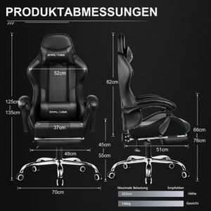 GTPLAYER Herní židle s podnožkou a masážním bederním polštářem Kancelářská židle pro hráče Ergonomická herní židle s připojitelnými područkami Nosnost až 150 kg Černá