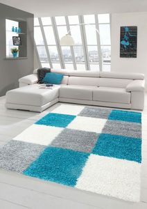Shaggy Teppich Hochflor Langflor Teppich Wohnzimmer Teppich Gemustert in Karo Design Türkis Grau Cream Größe - 160x230 cm
