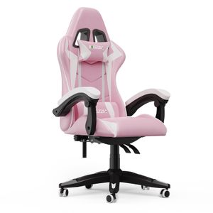 Bigzzia Gaming Stuhl Ergonomisch - Gamer Stühle mit Lendenkissen + Kopfstütze Gaming Chair Höhenverstellbar Bürostuhl Computerstuhl für Erwachsene Mädchen Junge - Rosa Weiß
