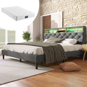 Flieks Polsterbett Doppelbett 140x200cm mit Matratze und Led, Kopfteil mit Stauraum, Massivholzbett mit Lattenrost Bettgestell