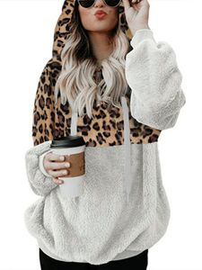 Damen Winter Pullover Fuzzy Oversize Sweatshirt Kapuzenpullover Hooded Leopard Tops mit Taschen