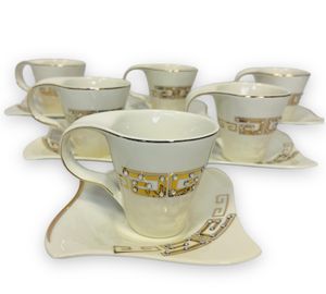 12-teiliges Medusa Mäander Kaffeeservice mit Goldschliff Kaffeetassen für 6 Personen 6 Tassen + 6 Untertassen Weiß-Gold Genießen Servieren Kaffee