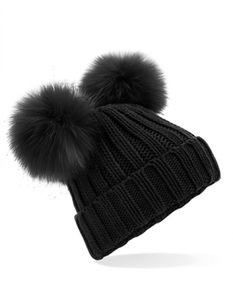 Faux Fur Double Pop Pom Beanie - Kunstpelz-Pompon - Farbe: Black - Größe: One Size