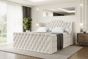 ALTDECOR Boxspringbett mit Fußteil, 2 Matratzen und Topper - 180x200 cm - VILA-Z KING - Taupe Samt - Polsterbett mit, H3- und H4- Matratzen, Bettkasten und Lattenrost, Bett mit Stauraum