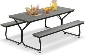 GOPLUS Picknicktisch Set, Campingtisch Biertisch für 6-8 Personen, Biertischgarnitur Outdoor inkl. 2 Bänke & Gartentisch mit Schirmloch (Grau)