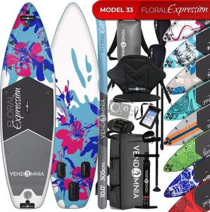 SUP Board Set – 305 cm, aufblasbar, Kajaksitz, Camera Mount, Pumpe, Tragetasche, Paddel, max. 170 kg, Farbwahl - Modelle: Modell 33 - Floral Expression rosa