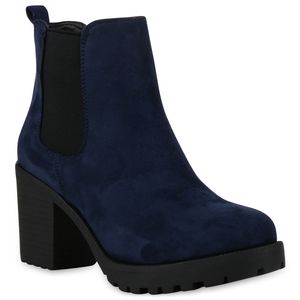 Mytrendshoe Damen Stiefeletten Blockabsatz Chelsea Boots Profilsohle 76870, Farbe: Marine Blau, Größe: 39