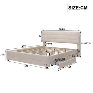 Merax Polsterbett 180x200cm mit höhenverstellbarem Kopfteil und 4 Schubladen, Funktionsbett Doppelbett mit Lattenrost und Samtbezug in Beige