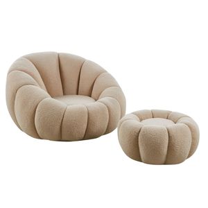 cosyou Sessel mit Hocker für Wohnzimmer & Schlafzimmer, weicher Teddystoff - 360° drehbar beige